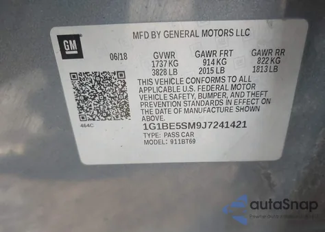 2018 Chevrolet Cruze Lt z USA, uszkodzony, nr VIN 1G1BE5SM9J7241421